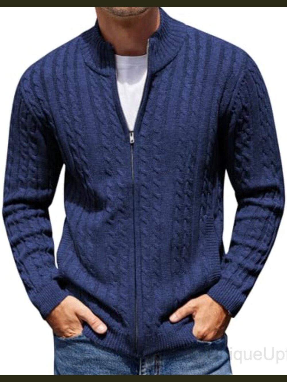 COOFANDY Mens Cable Knit Cardigan Sweater Full Zip Acrylic Mock Neck Lightweight